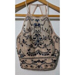 B.Darlin Lace Rinestone Crop Top Women's Juniors Beige Size 7/8 Bust 26" (142)